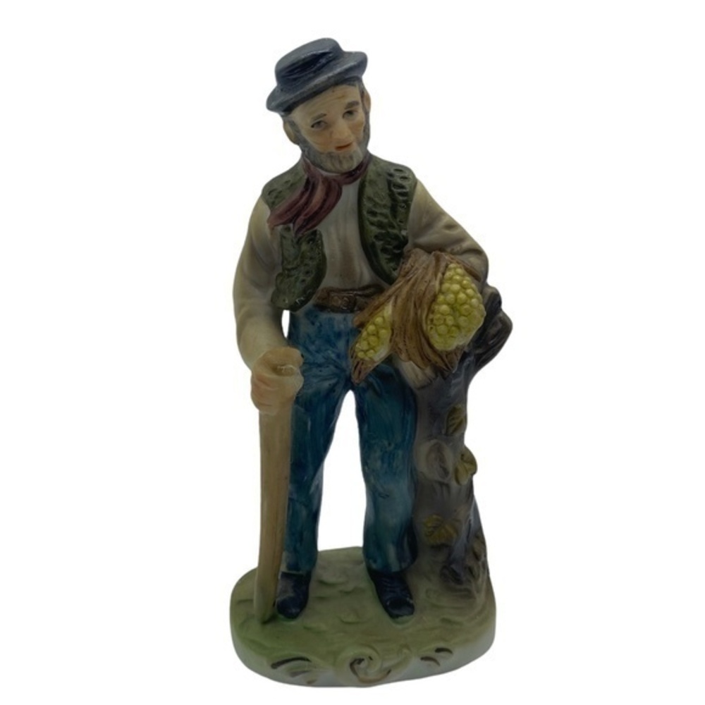 Vintage Old Man Standing With Cane Holding Corn Porcelain Figurine